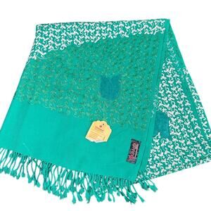 vintage Shawl scarf- green blue- floral embroidery- cute soft gift for mom